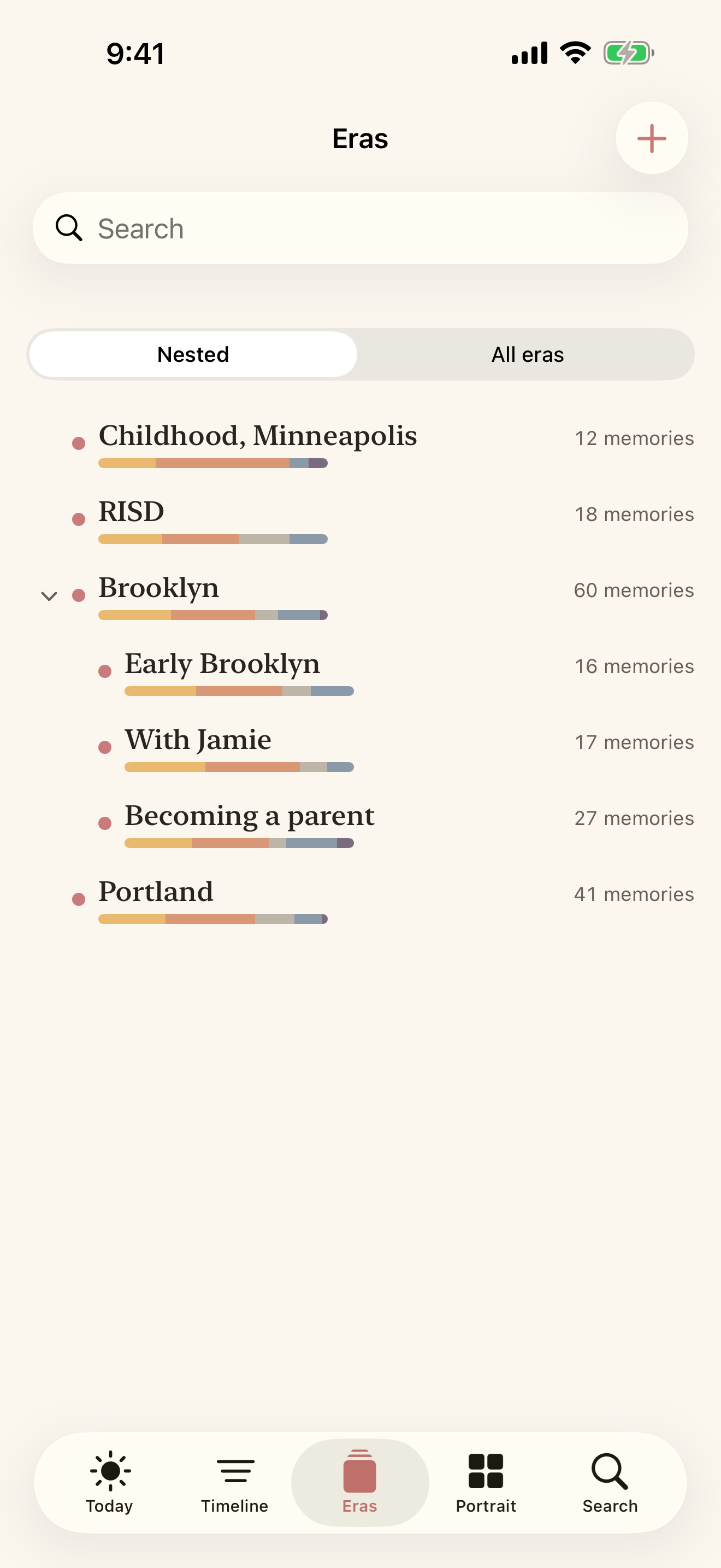 Eras — nested chapters of a life, each with its own count and mood bar.