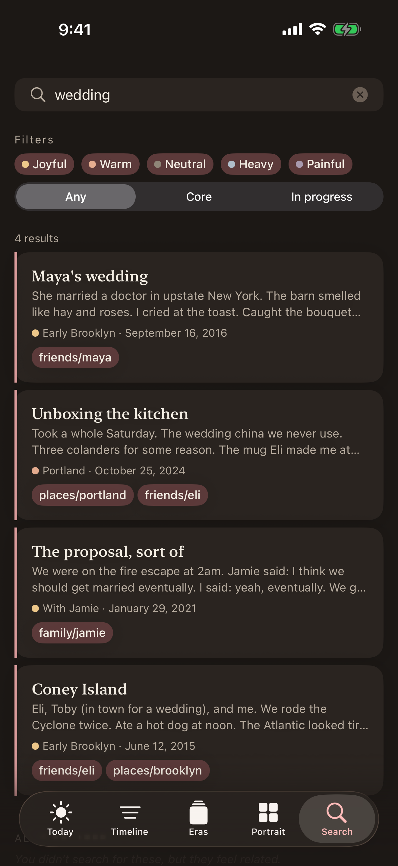 Search — finding a memory by a word or a tag.